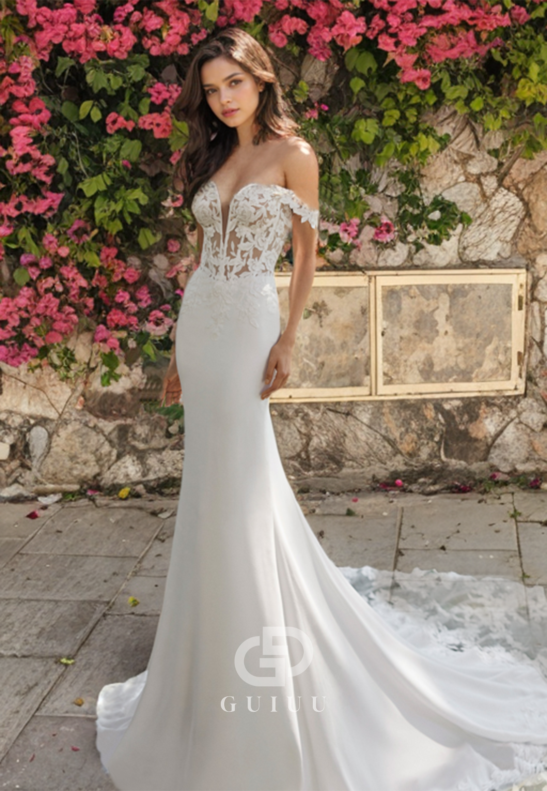 Off-Shoulder V-Neck Lace Appliques Wedding Dress with Sweep Train