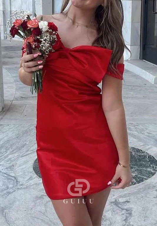 Off-Shoulder Sheath Party Red Homecoming Mini Dress with Bow