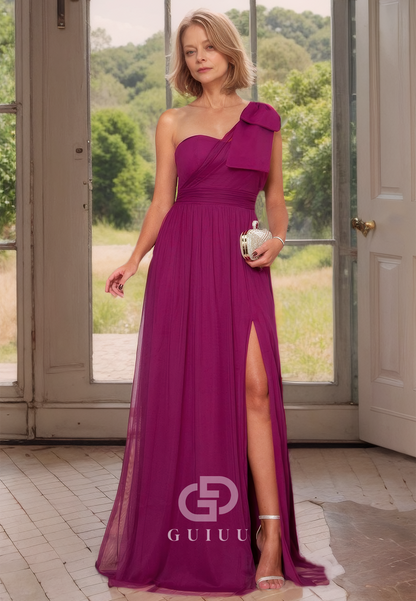 One Shoulder A-Line Ruched High Slit Mother of Bride Dress with Bowknot