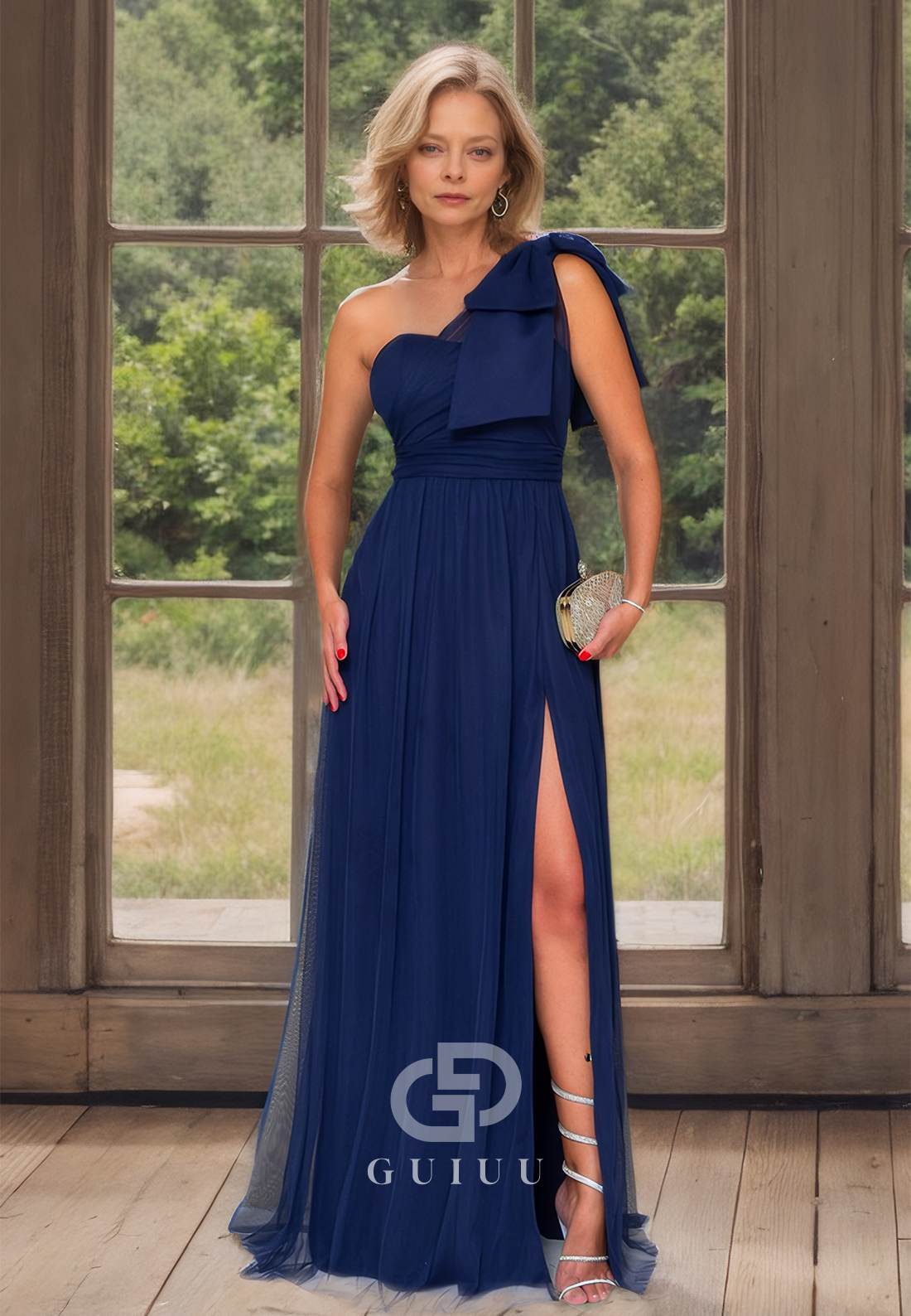 One Shoulder A-Line Ruched High Slit Mother of Bride Dress with Bowknot