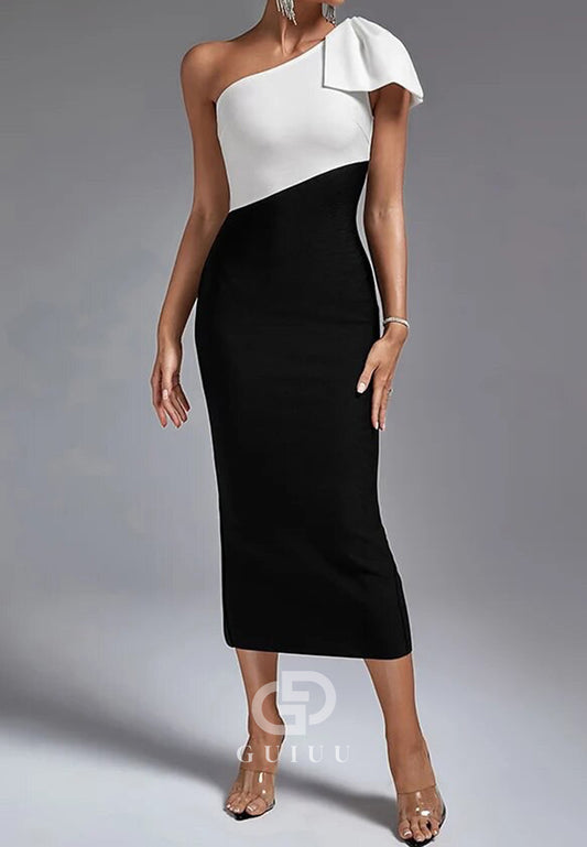 One Shoulder Short Sleeves Knee-Length Mother of the Bride Dress