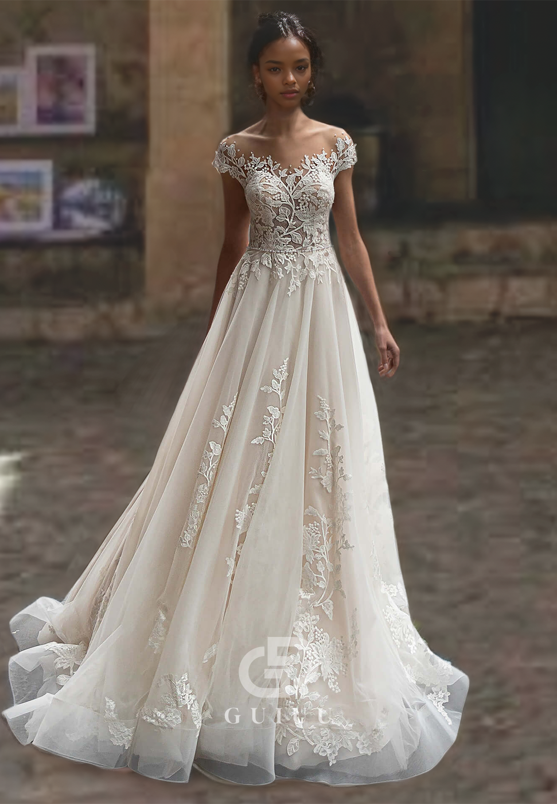 Ornate Off-Shoulder Pleated Tulle Wedding Dress with Beads and Lace Appliques