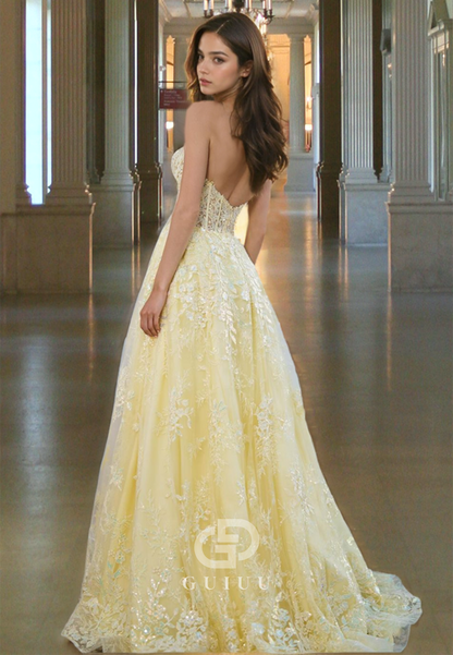 Ornate Sweetheart Crystal Beaded Faint Yellow Prom Dress with High Side Slit and Lace Appliques