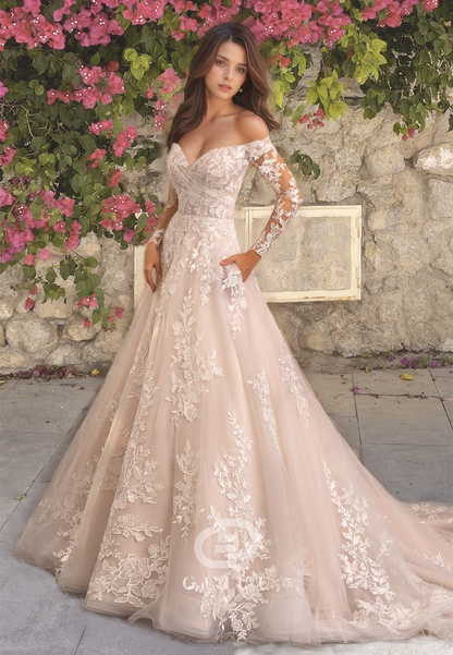 Ornate V-Neck Draped A-Line  Wedding Dress with Lace Appliques and Sleeves