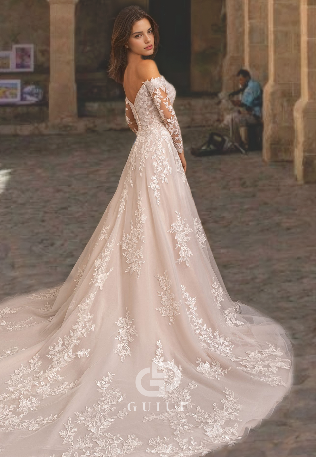 Ornate V-Neck Draped A-Line  Wedding Dress with Lace Appliques and Sleeves