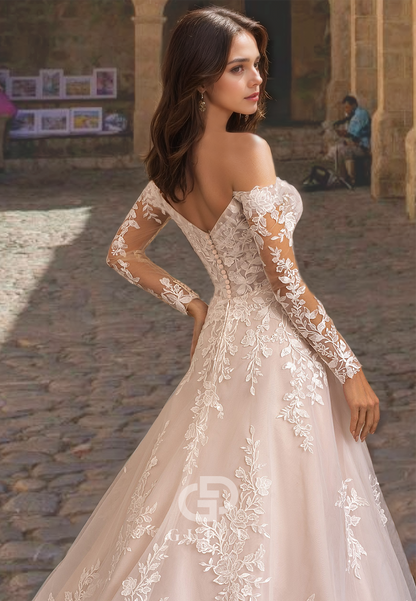 Ornate V-Neck Draped A-Line  Wedding Dress with Lace Appliques and Sleeves