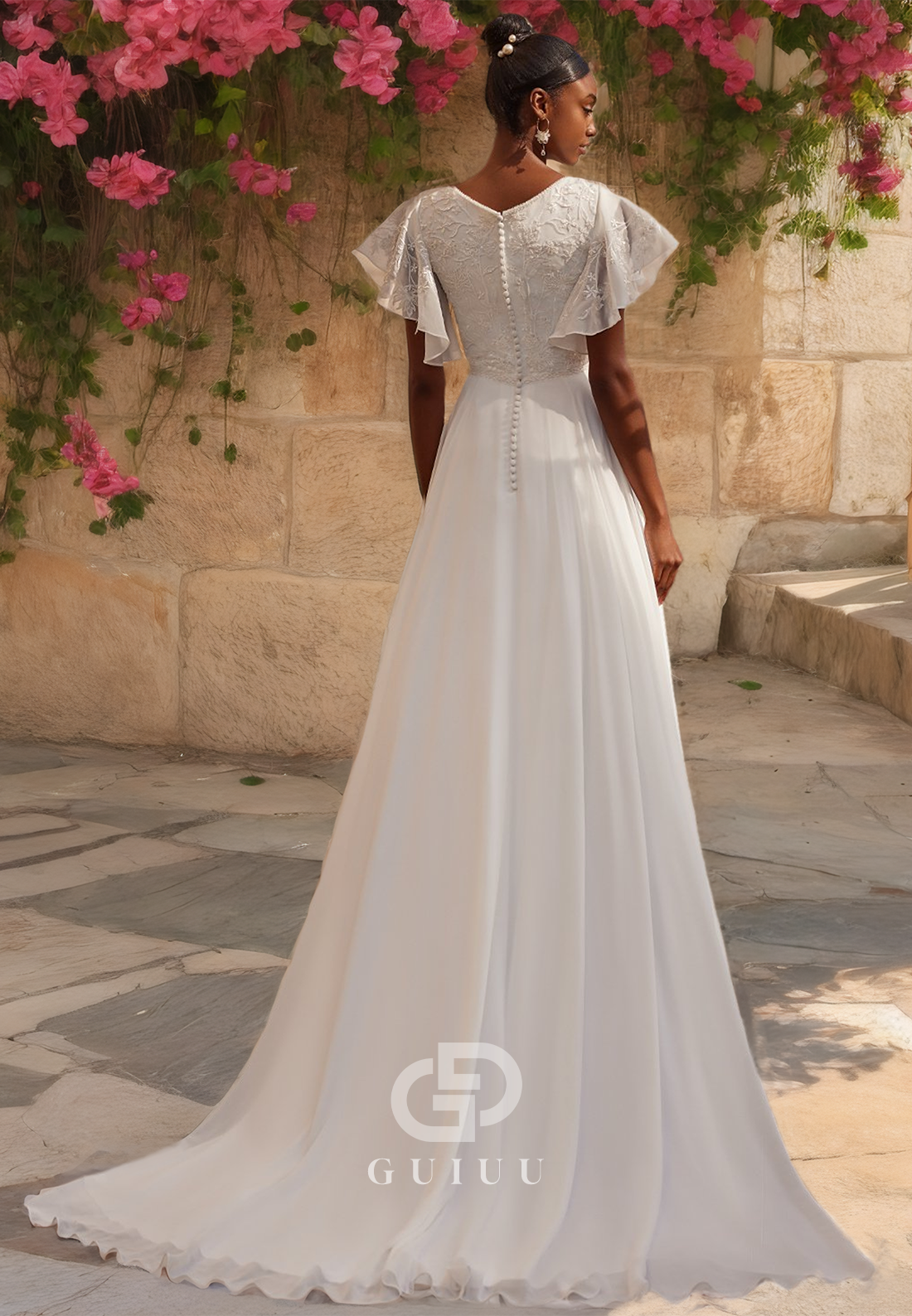 Ornate Trumpet V-Neck Ruffled Wedding Dress With Sweep Train and Buttons