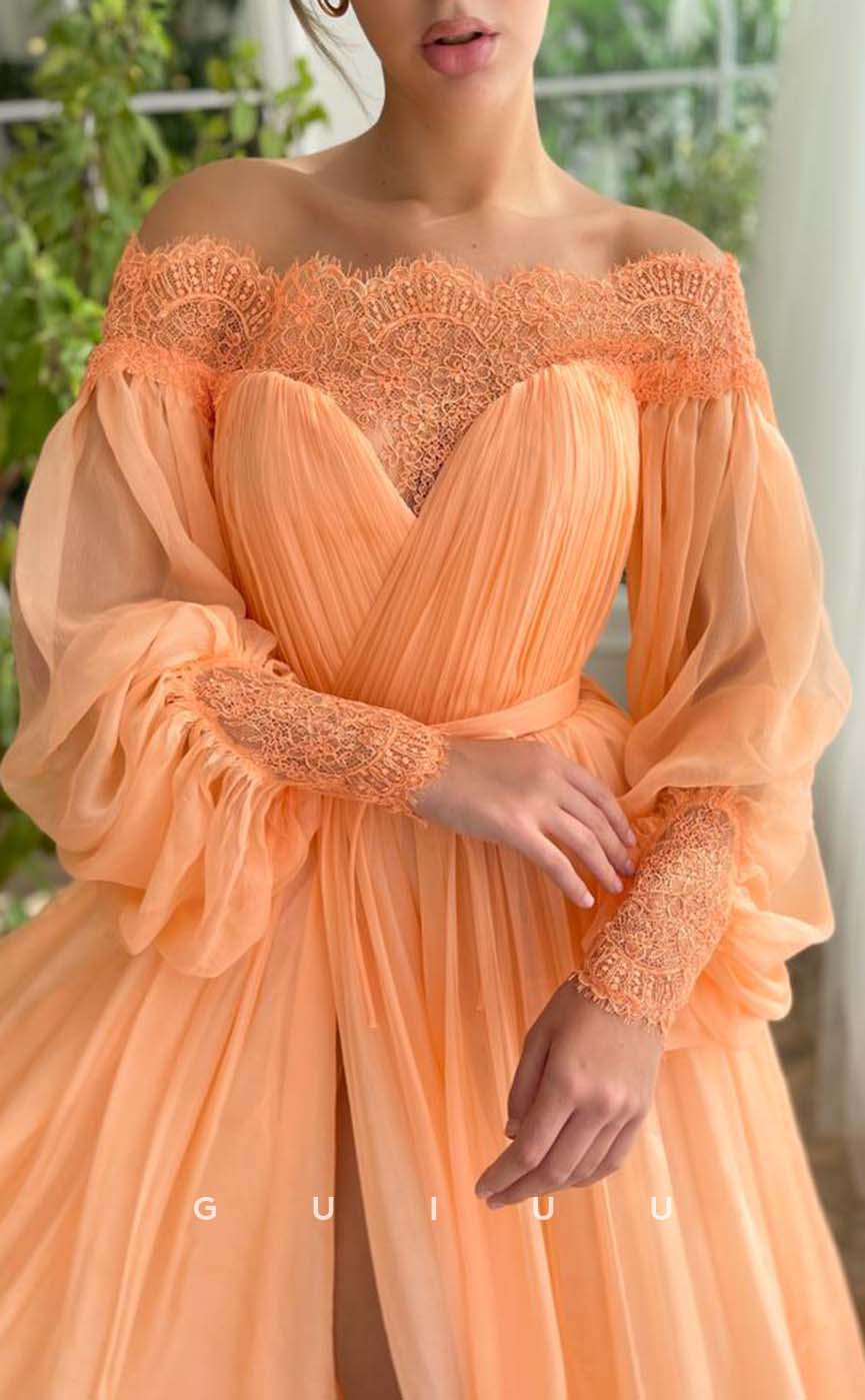 G3188 - A-Line Lace Off-Shoulder Tulle Long Sleeves Formal Prom Dresses