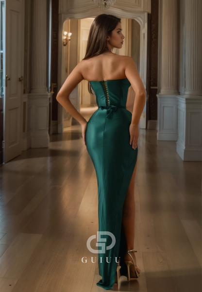 Pleated Strapeless Prom Dress Dark Green Formal Evening Dress with High Side Slit