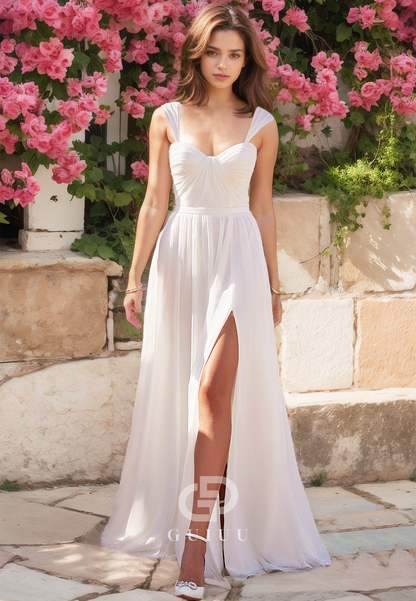 Pleated Sweetheart A-Line High Side Slit Wedding Dress with Sweep Train