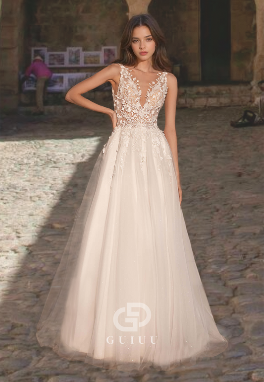 A-Line Plunging V-Neck Tulle Lace Appliques Wedding Dress with Straps