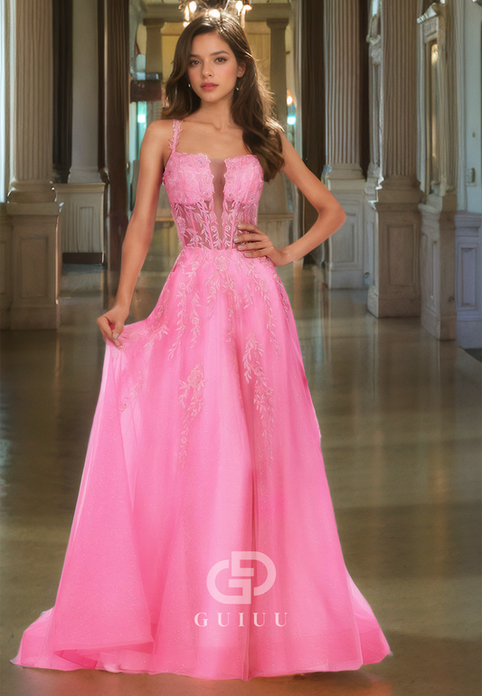 Plunging V-Neck Lace Appliques A-Line Lace-Up Prom Dress with Straps