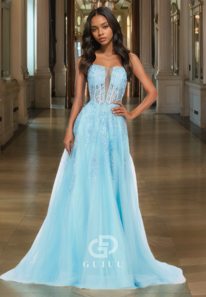 Plunging V-Neck Lace Appliques A-Line Lace-Up Prom Dress with Straps