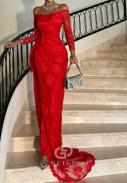 Red Long Sleeves Off-Shoulder Slit Lace Prom Dress