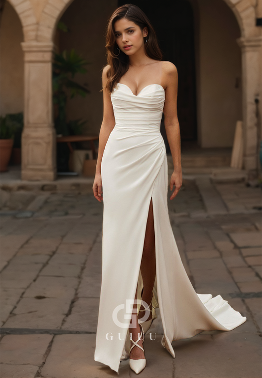 Ruched Sweetheart Sweep Train Sheath Simple Wedding Dress with High Slit