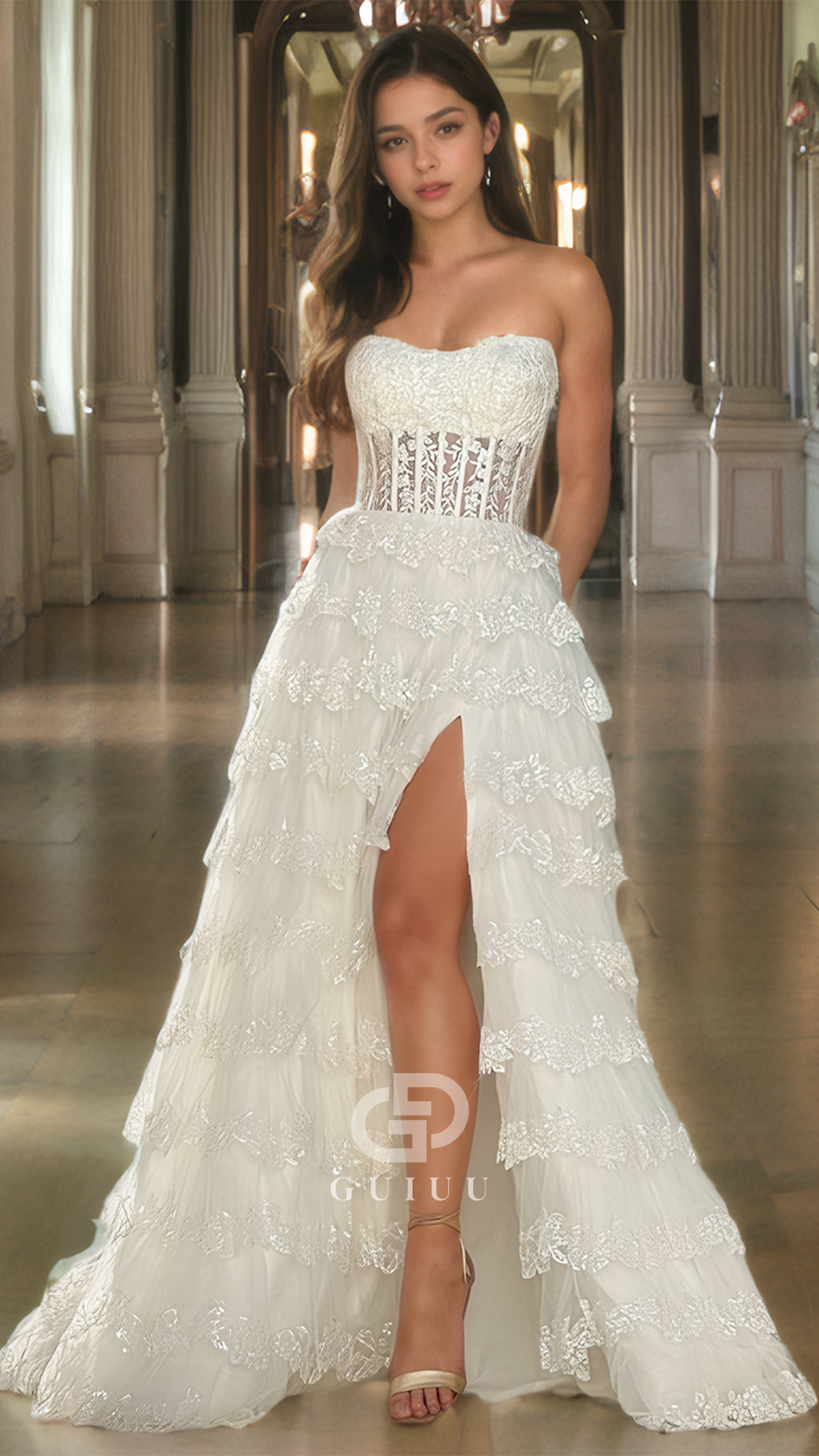 Ruffled A-Line Strapless Lace Appliques Prom Dress Side Slit Evening Dress