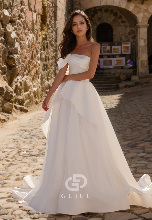 Ruffles Asymmetrical  A-Line Sweep Train Strapless Wedding Dress