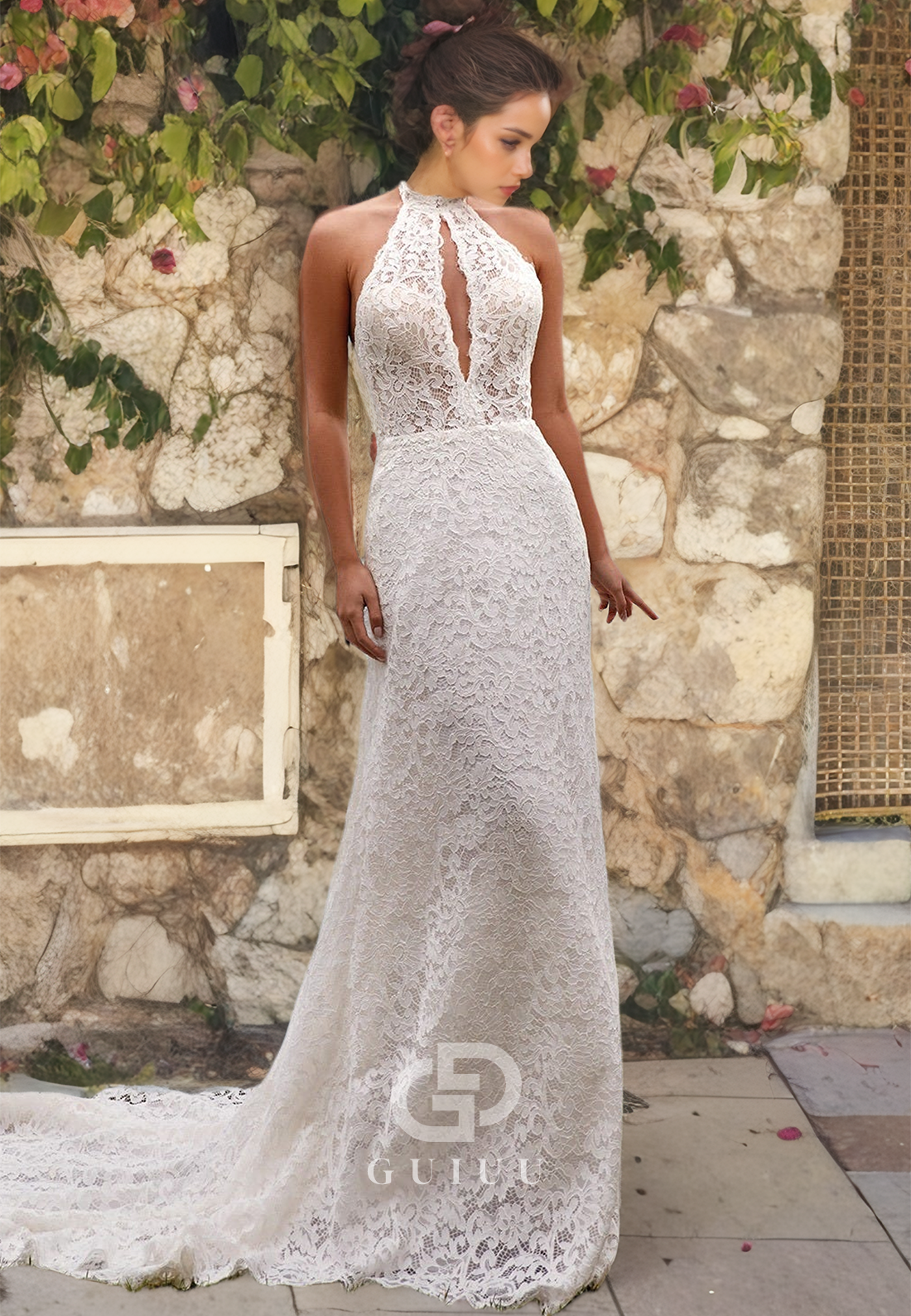 Sexy Halter Lace Wedding Dress with Sweep Train and Lace Appliques Open Back