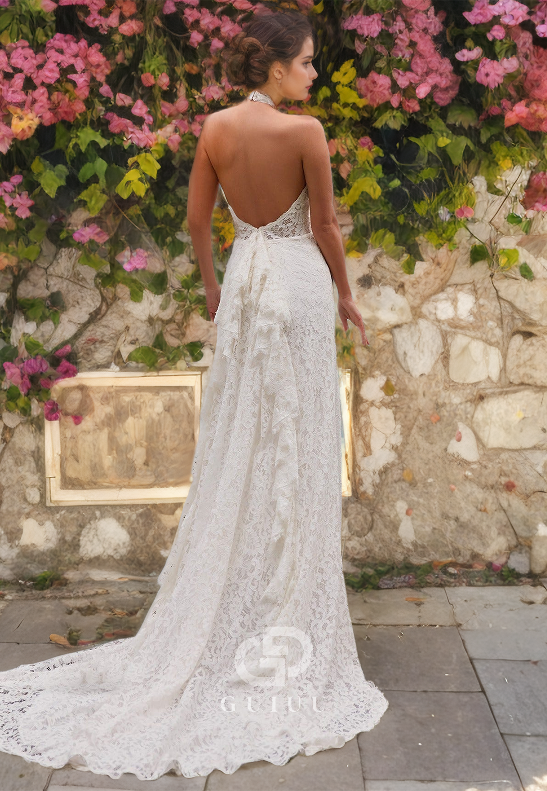 Sexy Halter Lace Wedding Dress with Sweep Train and Lace Appliques Open Back