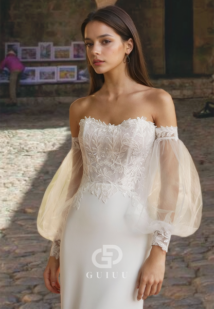 Sexy Ivory Sweep Train Strapless Wedding Dress with Lace Appliques and Lace Sleeves