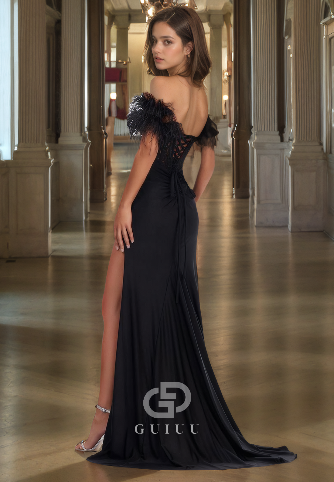 Sexy Off-Shoulder Sweetheart Pleated Prom Dress with Feathers