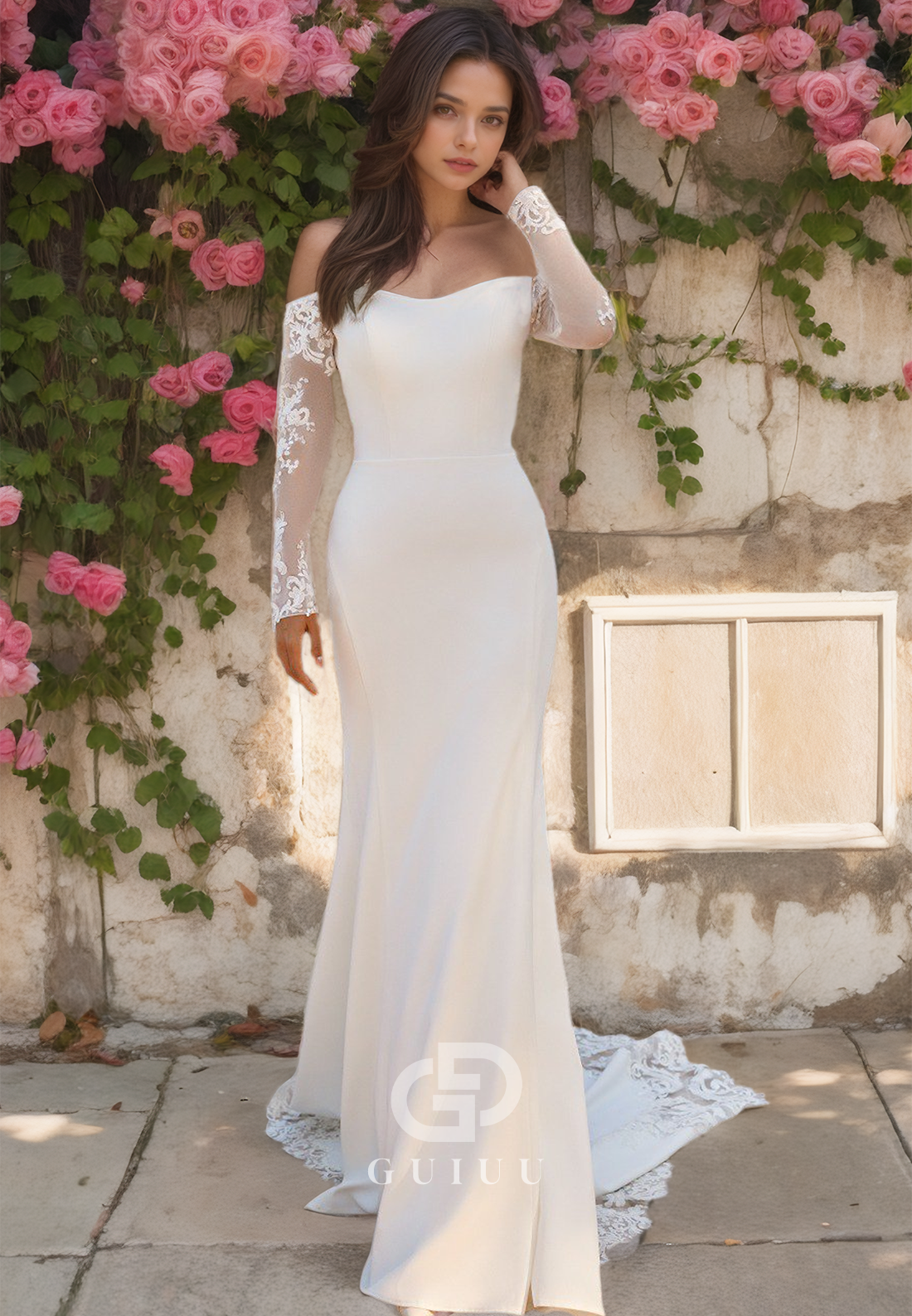 Sexy Strapless Lace Sleeves Sheath Open Back Wedding Dress with Sweep Train