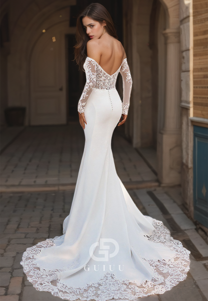 Sexy Strapless Lace Sleeves Sheath Open Back Wedding Dress with Sweep Train