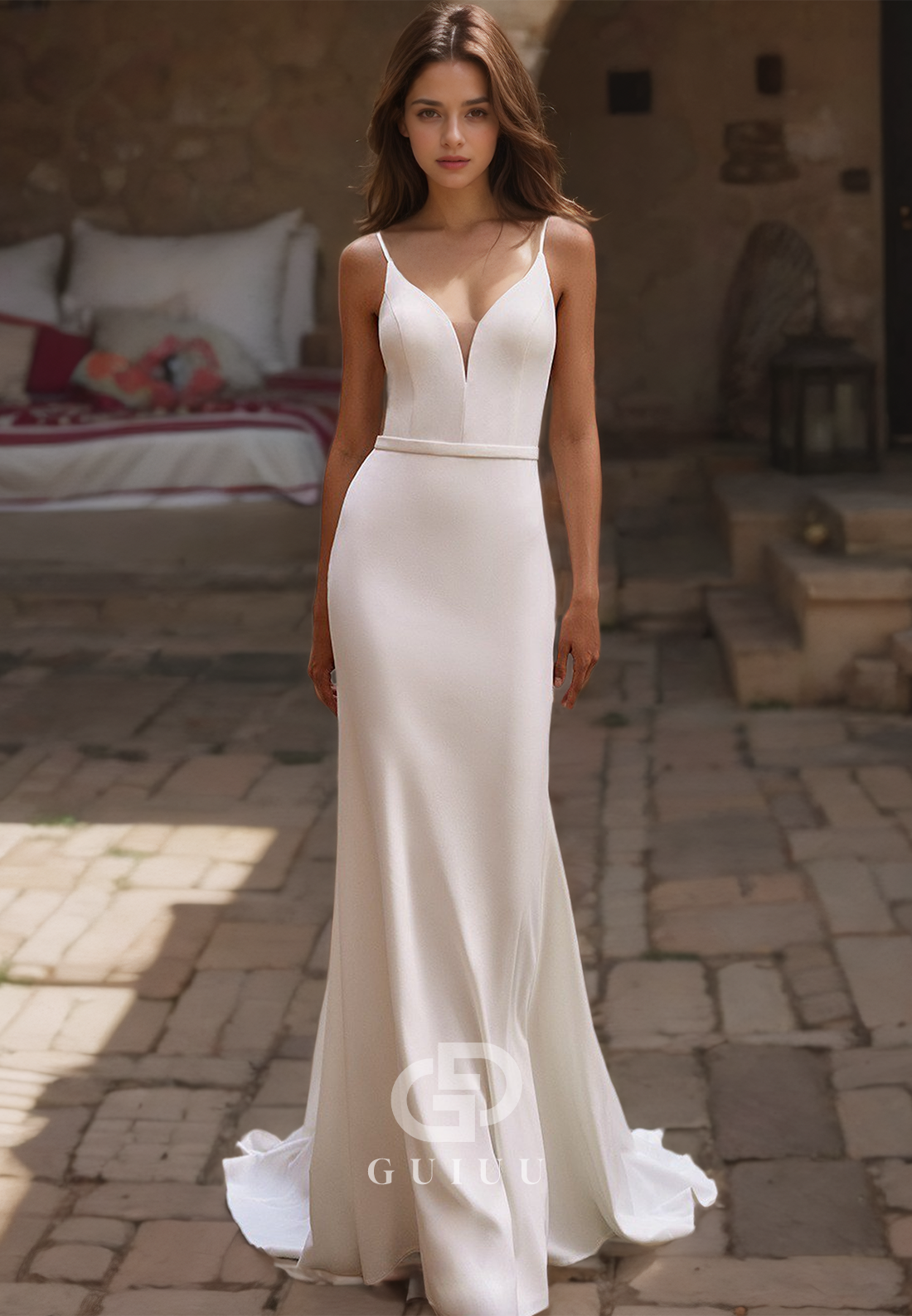 Sexy V-Neck Sheath Sweep Train Wedding Dress with Straps and Buttons