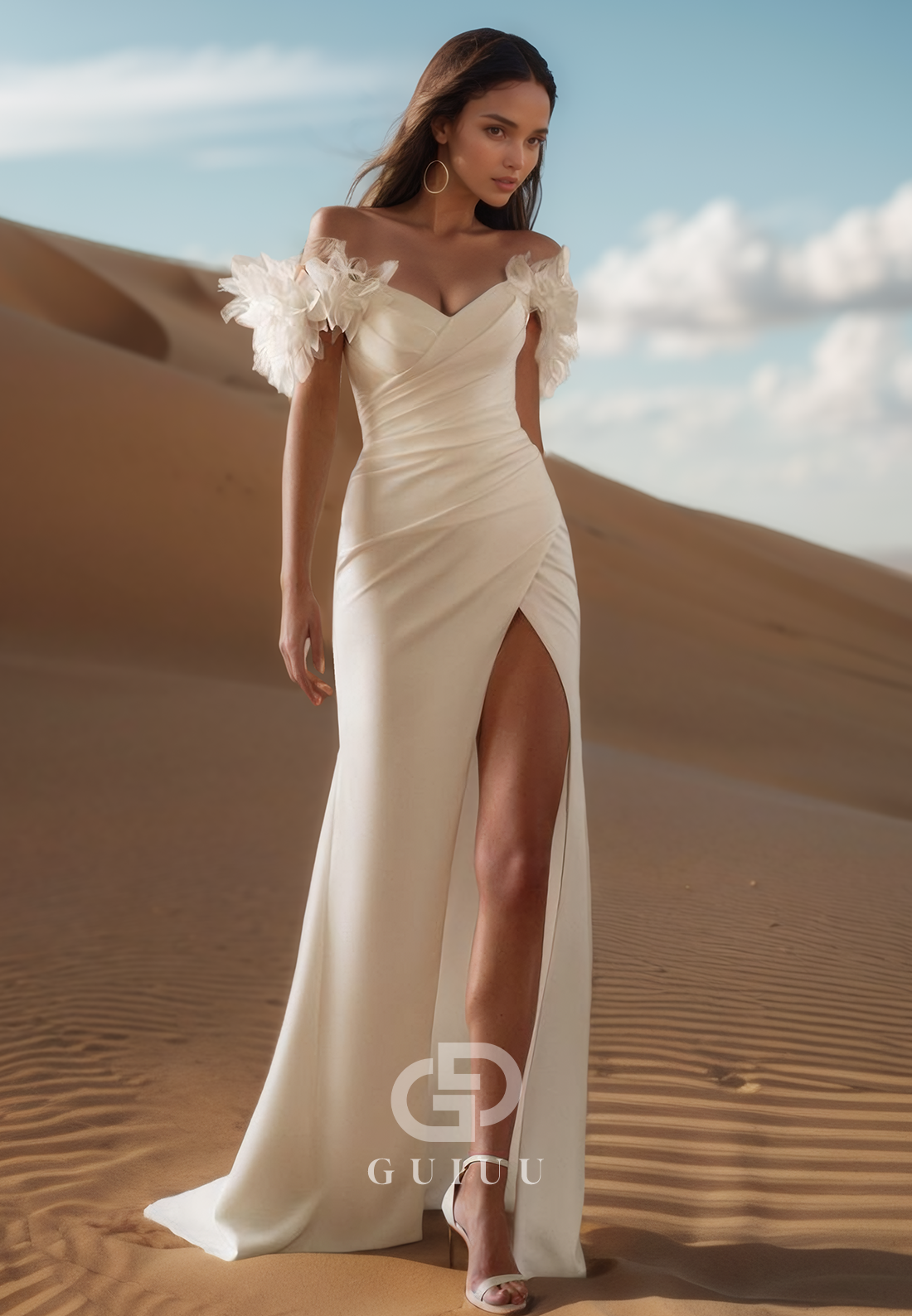 Sheath Cap Sleeves Sweetheart High Slit Sweep Train Satin Wedding Dress