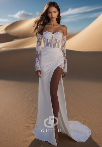 Sheath Off-Shoulder Long Sleeves Silt Corset Tulle Satin Wedding Dress