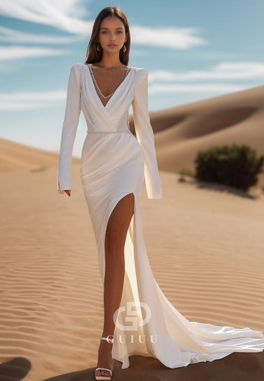 Sheath V-Neck Long Sleeves Side Slit Backless Satin Wedding Dress