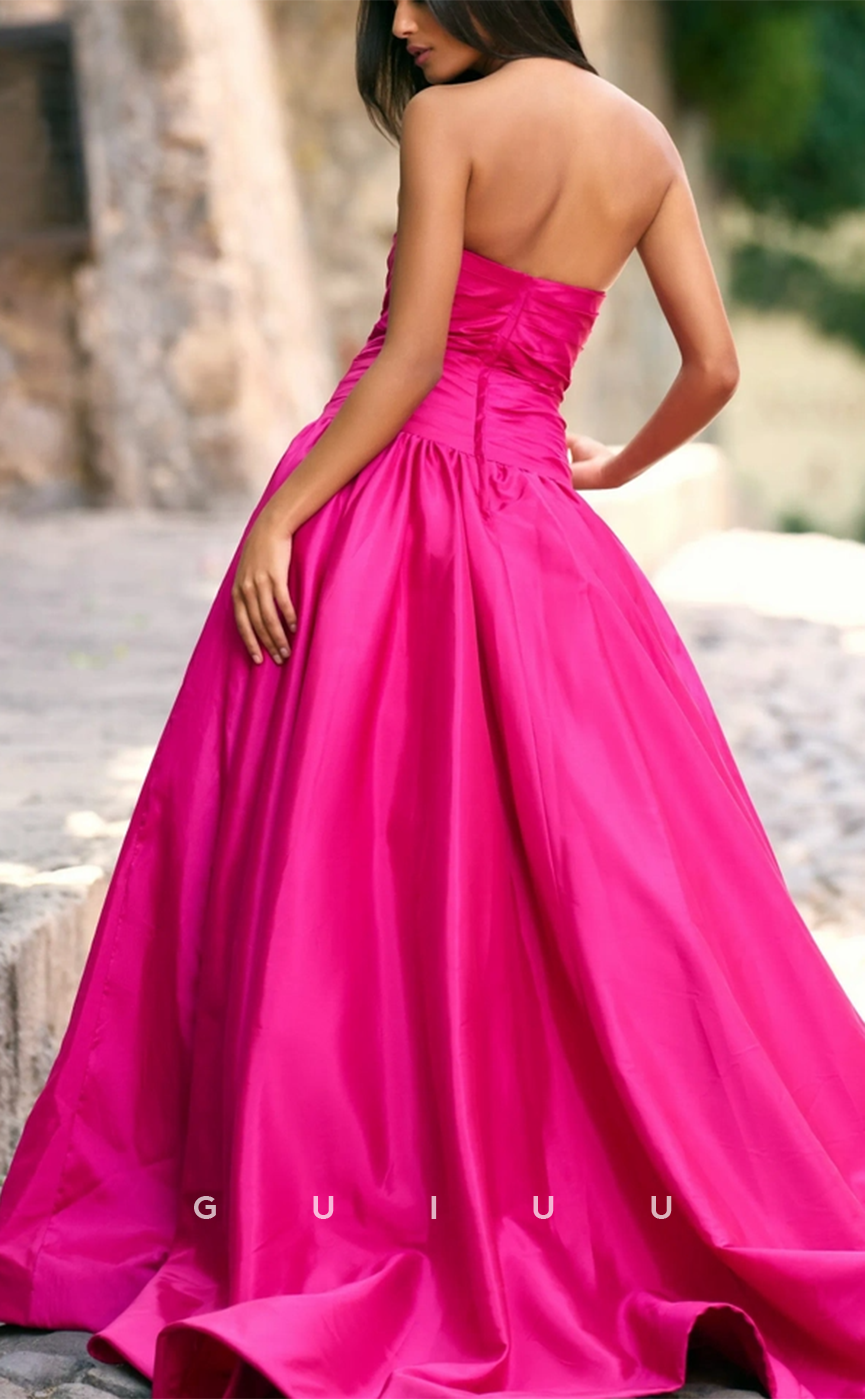 G3211 - Chic & Modern A-Line Strapless Beaded Pleats Hot Pink Long Evening Prom Dresses