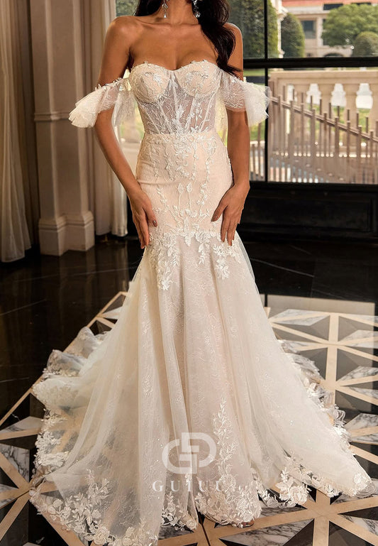 Short Sleeves Sweetheart Corset Tulle Mermaid Wedding Dress