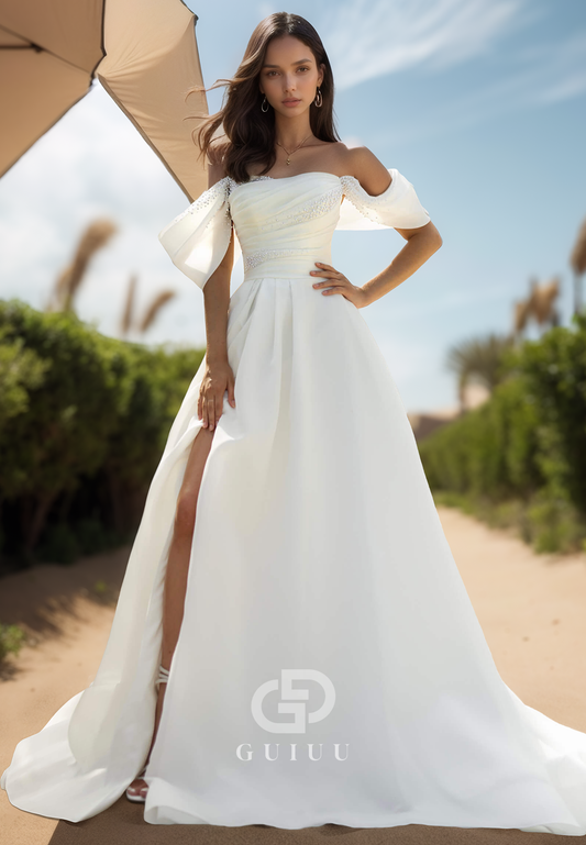 Simple A-Line Cap Sleeves Empire-Waist Slit Satin Wedding Dress