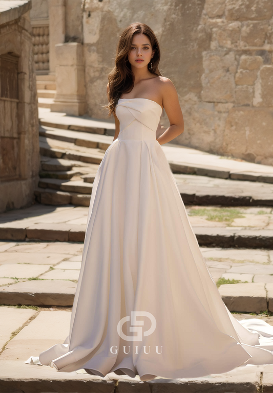 Simple A-Line Draped Strapless Wedding Dress with Sweep Train