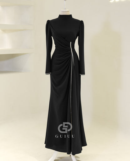 Simple A-Line High Neck Long Sleeves Ruched Formal Evening Dress