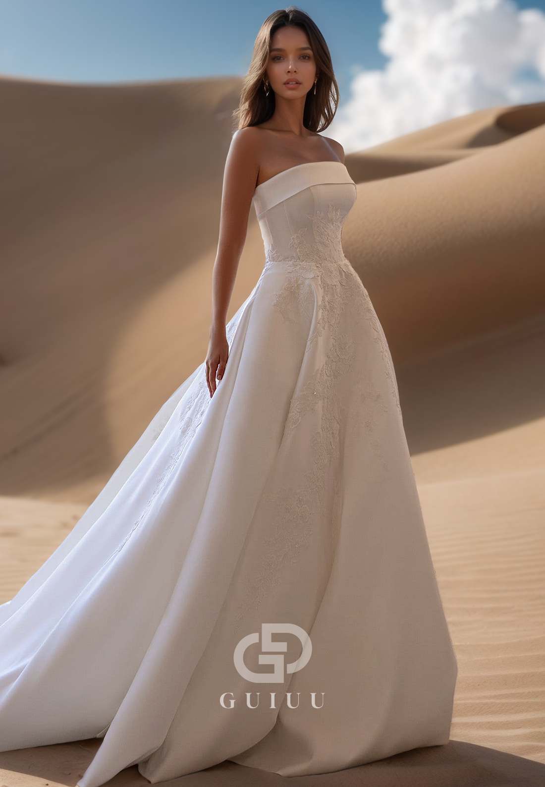 Simple A-Line Sleeveless Strapless Court Train Satin Wedding Dress