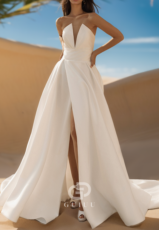 Simple A-Line Sleeveless Strapless Slit Sweep Train Satin Wedding Dress