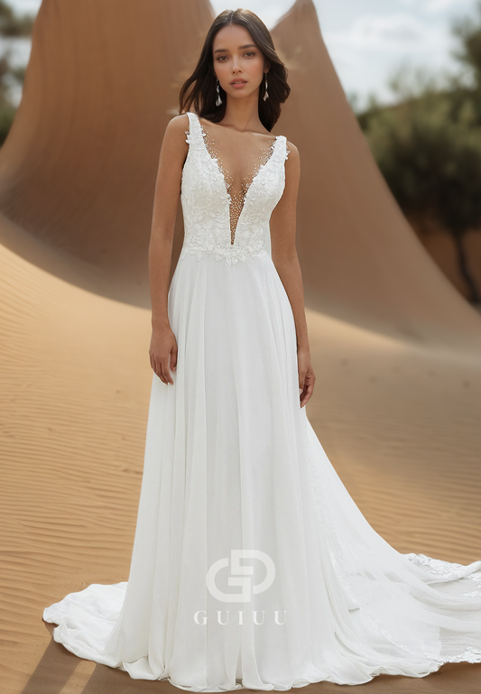 Simple A-Line Spaghetti Straps V-Neck Sweep Train Satin Wedding Dress