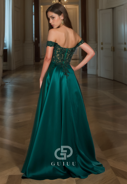 Simple Off-Shoulder A-Line Sexy Dark Green Prom Dress with Lace Appliques and Pleats