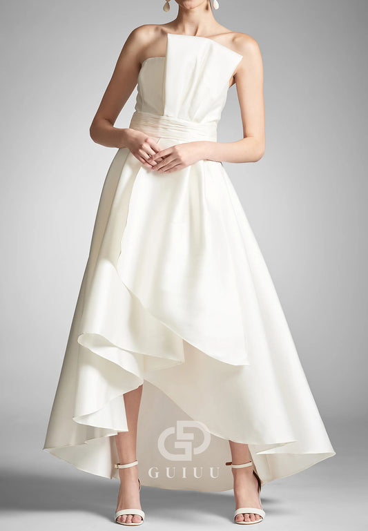 Simple Strapless Sleeveless Ruched Satin Wedding Dress