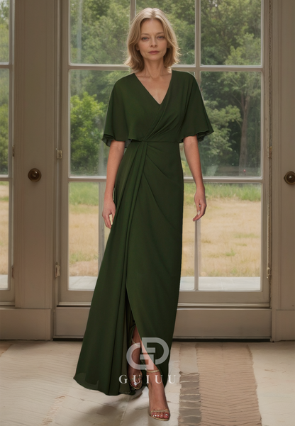 Simple V-Neck Pleated Low Side Slit Mother of Bride Dress with Short Sleeves