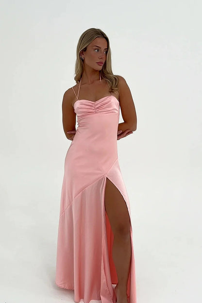 Simple Sheath Spaghetti Straps Red Long Party Dress with Split
