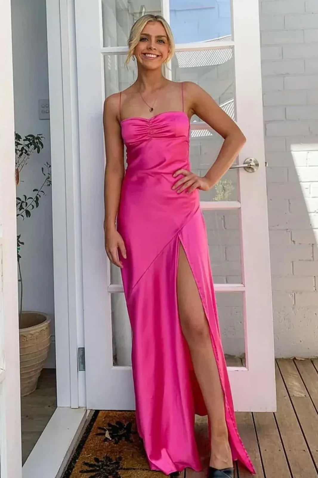 Simple Sheath Spaghetti Straps Red Long Party Dress with Split