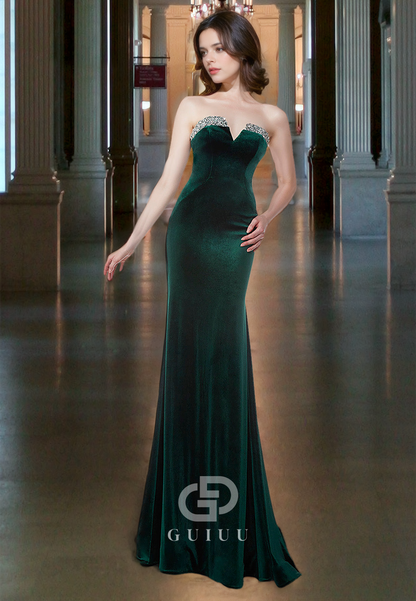 Sleeveless Velvet Sneath Mermaid Long Prom Dress with Beads Lace-Up