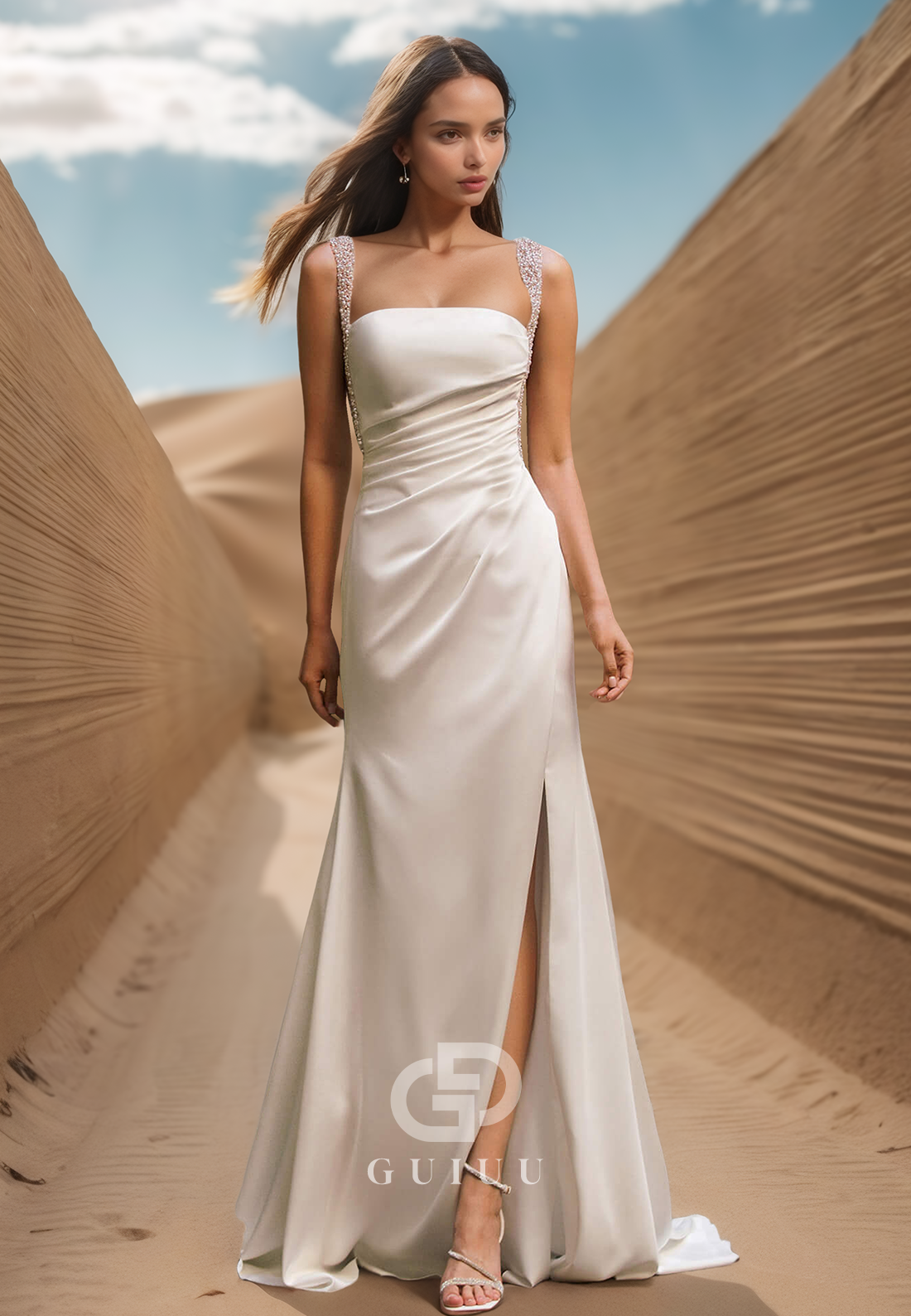 Spaghetti Straps Square Ruched Side Slit Satin Wedding Dress