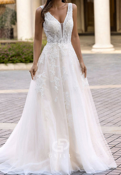 Spaghetti Straps V-Neck Backless Lace Wedding Dress