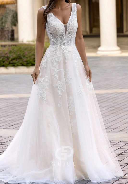 Spaghetti Straps V-Neck Backless Lace Wedding Dress