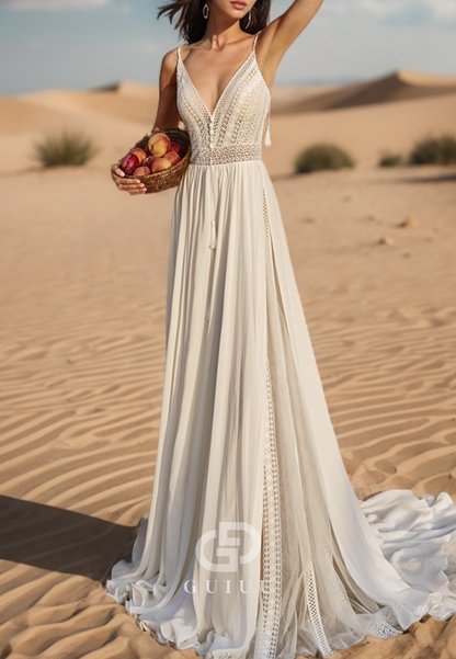 Spaghetti Straps V-Neck Backless Sweep Train Boho Wedding Dress