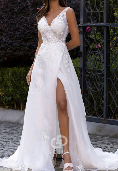 Spaghetti Straps V-Neck Empire-Waist Slit Wedding Dress